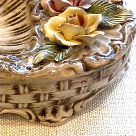 Vintage Capodimonte Oval Dish Ornatr Basket Weave Roses Trinket Candy Dish 9x5.5 - Picture 9 of 16